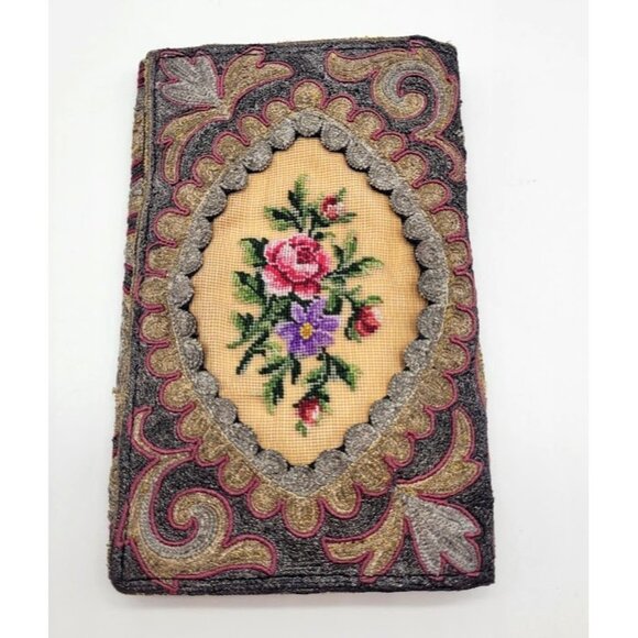 Rare Antique French Petit Point Embroidered Tapestry 19th Clutch Wallet Bag HTF - Picture 3 of 13